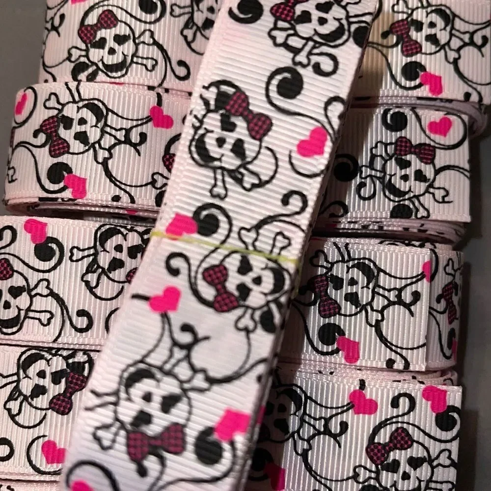 grosgrain Ribbon 7/8” NEW 5 yards beauty skulls checkers hot pink bow scrolls